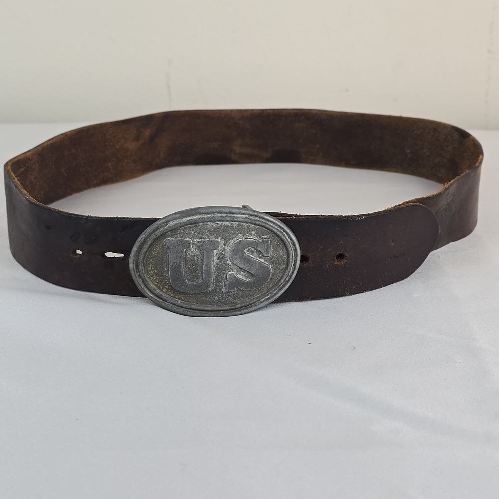 Vintage US Military Civil War Style Leather Reenactment Belt Buckle 35"